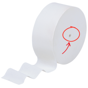 white core-less jumbo toilet tissue roll with a red circle around where the cardboard core usually is