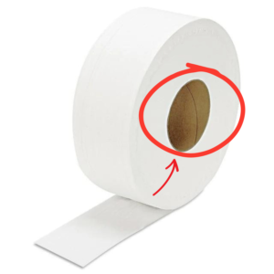 white jumbo toilet tissue roll with a red circle around the cardboard core
