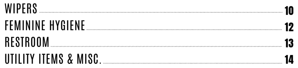 table of contents: WIPERS (10) FEMININE HYGIENE (12) RESTROOM (13) UTILITY ITEMS & MISC. (14)