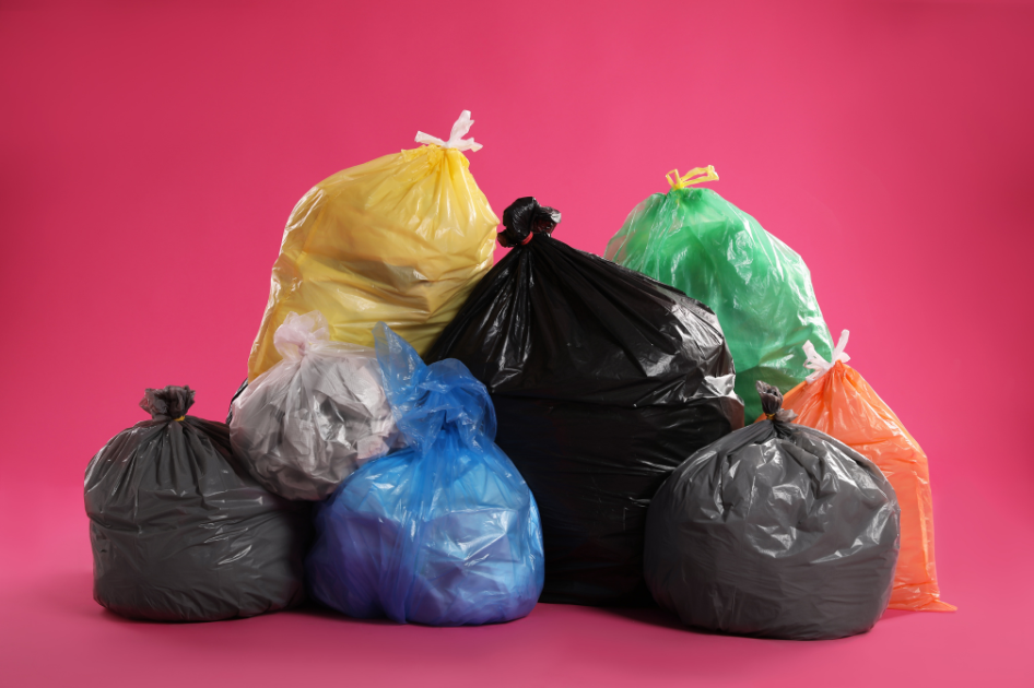 piles of colorful trash bags against a red background